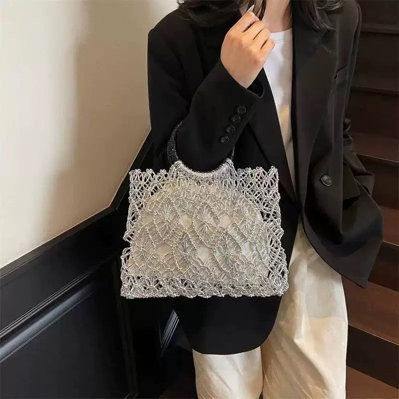 Women's Korean Style Straw Handmade Woven Metallic Yarn Women's Shoulder Bag