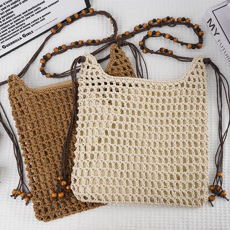 Net Weaving Hollow Wooden Bead Vacation Style Bags