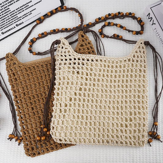 Net Weaving Hollow Wooden Bead Vacation Style Bags