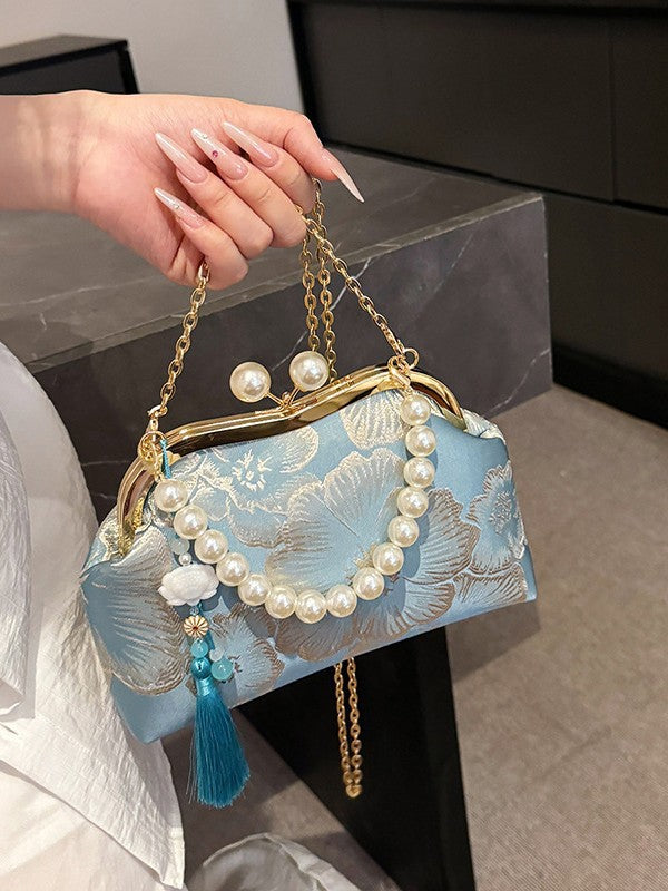 Women's Embroidered Flower Dinner Pearl Tassel Chain Small Square Bag