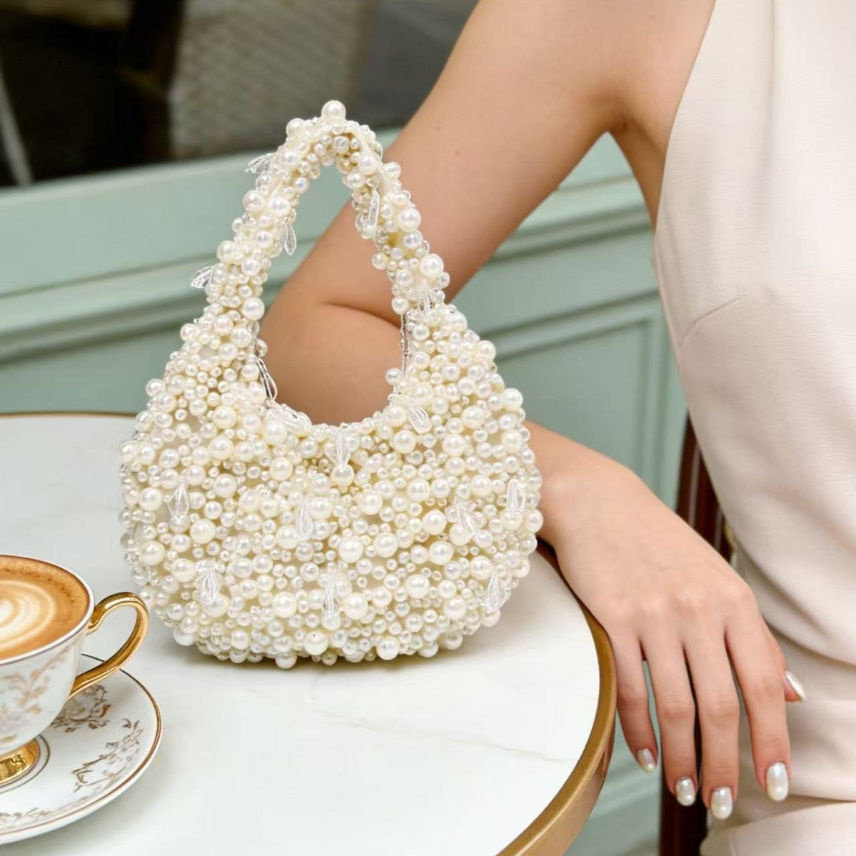 Women's Handmade Sewing Full Beads Imitation Pearl Crystal Dinner Bag