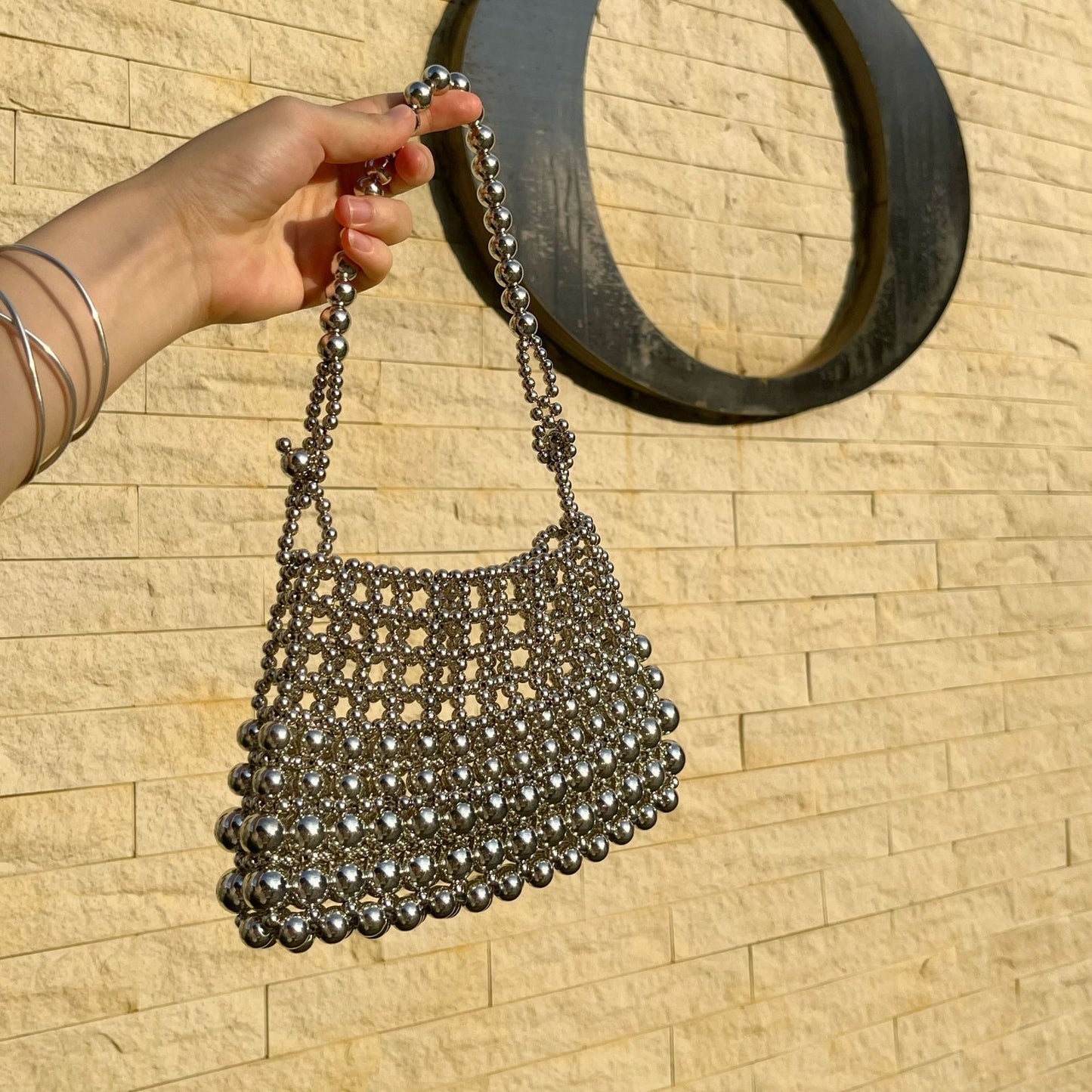 Women's Retro French Bow Flower Chain Hand-woven Beads Pearl Bags