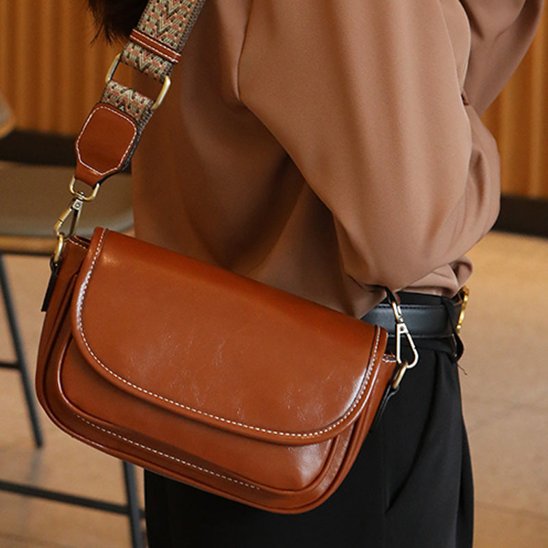 Women's Oil Wax Leather Fashion Genuine Underarm Texture Wide Shoulder Bags