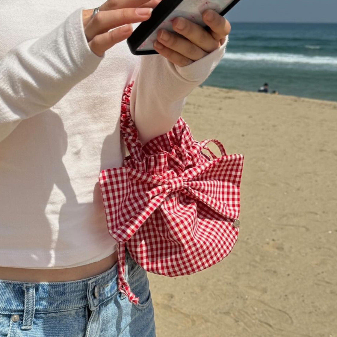 Version Korean Style Big Bow Plaid Women's Handbag