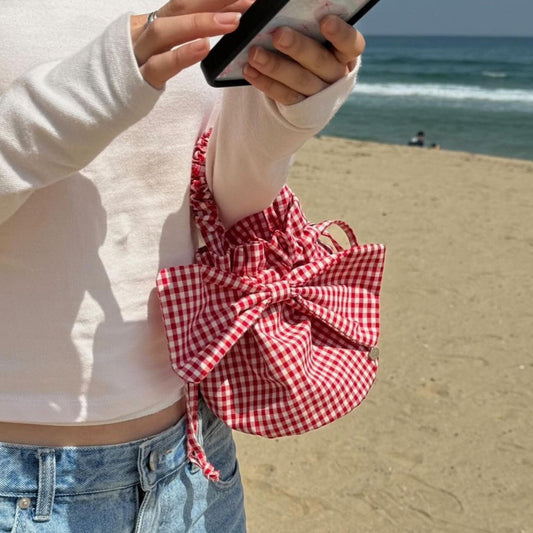 Version Korean Style Big Bow Plaid Women's Handbag