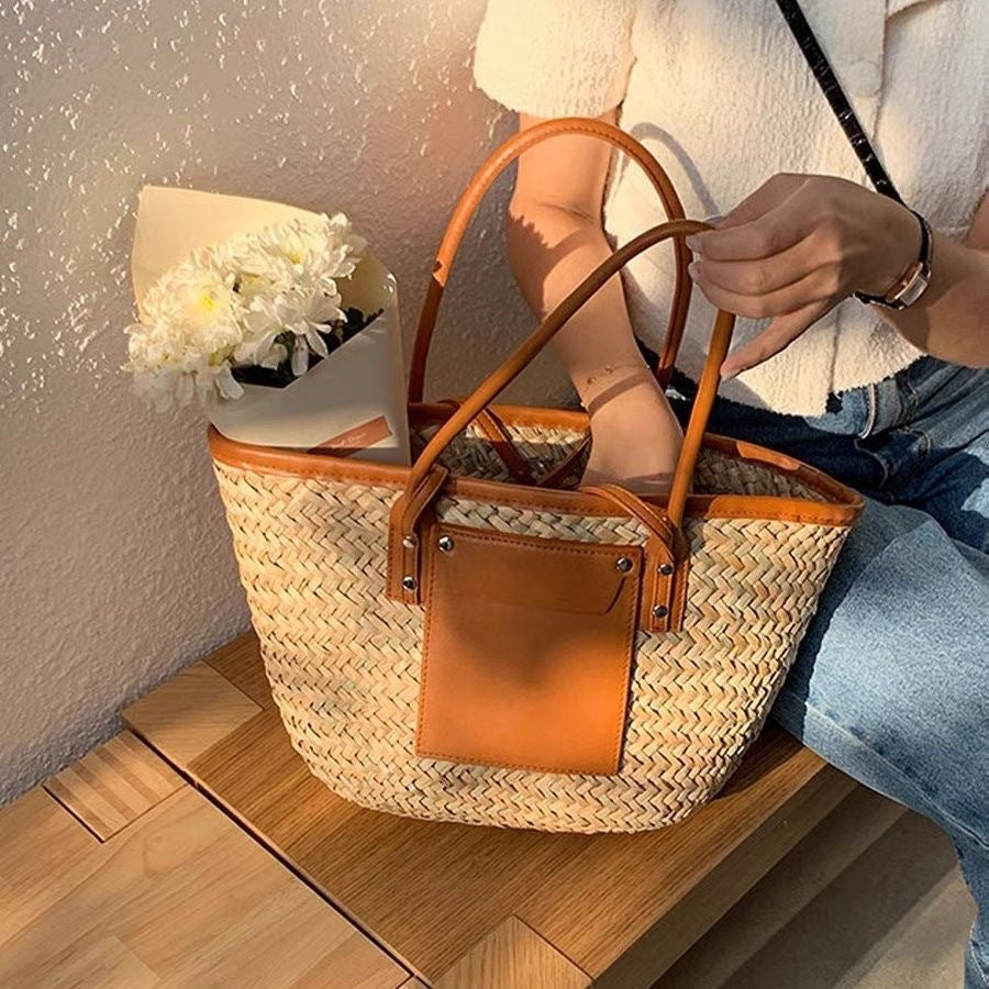 Retro Straw Coffee Color Large Capacity Portable Leather Patchwork Woven Women's Messenger Bag