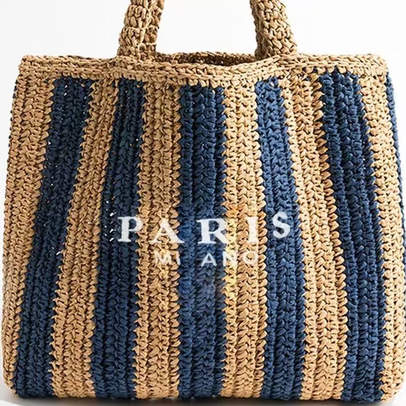 Women's French Style Straw Portable Contrast Color Woven Women's Handbag