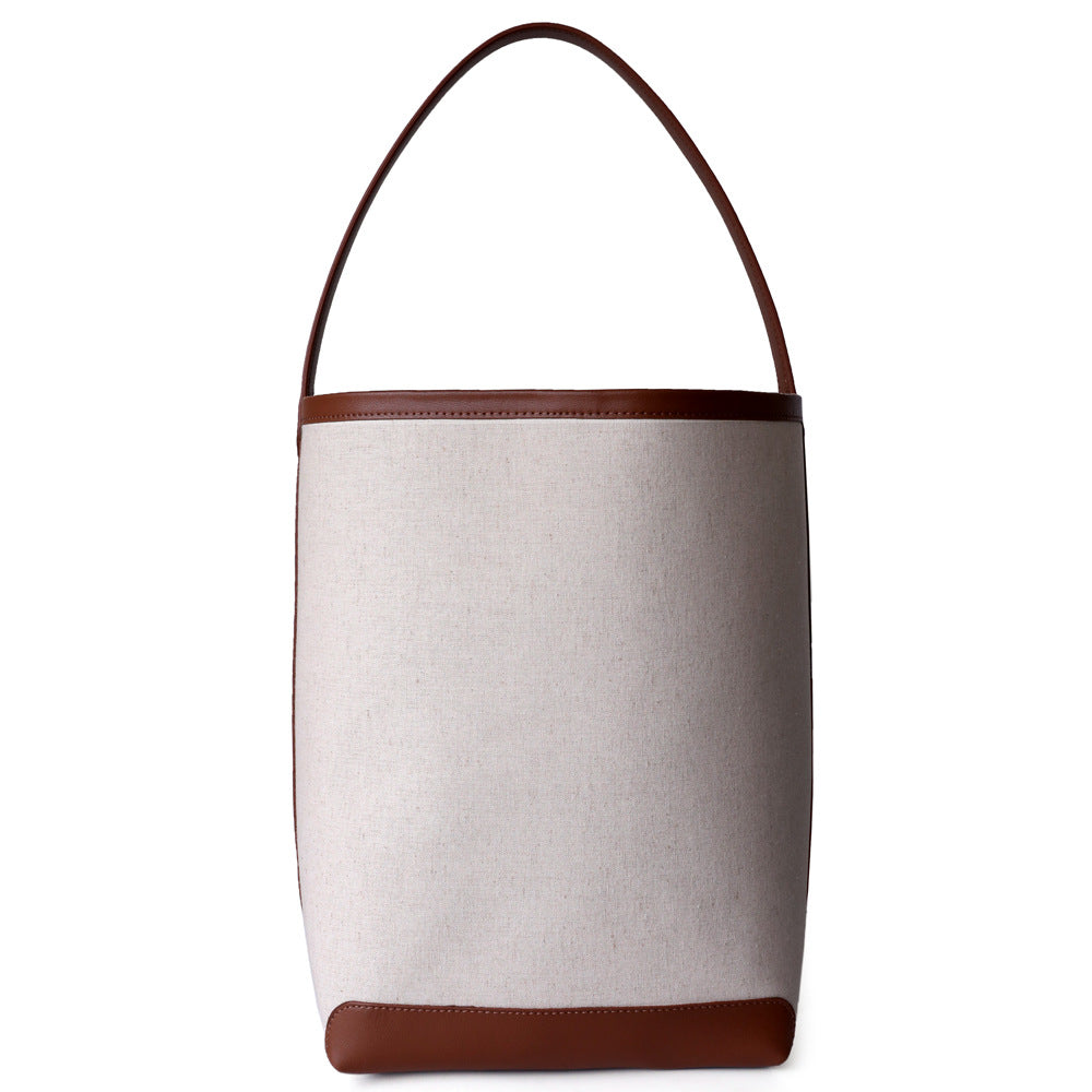 Contrast Color Large Capacity Canvas Commuter Cotton Linen Leather Women's Shoulder Bag
