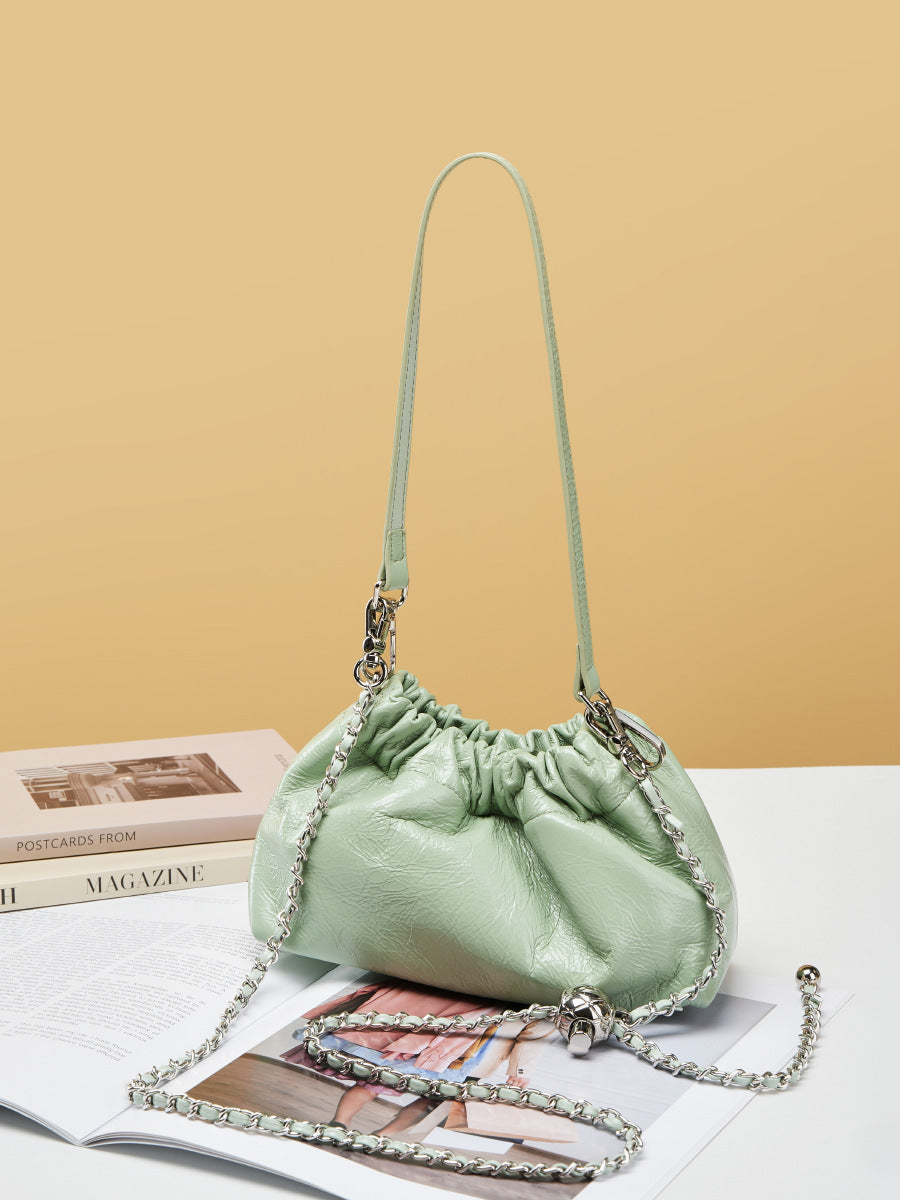 Balls Chain Pleated Cloud Portable Underarm Black Leather Design Sense Women's Messenger Bag