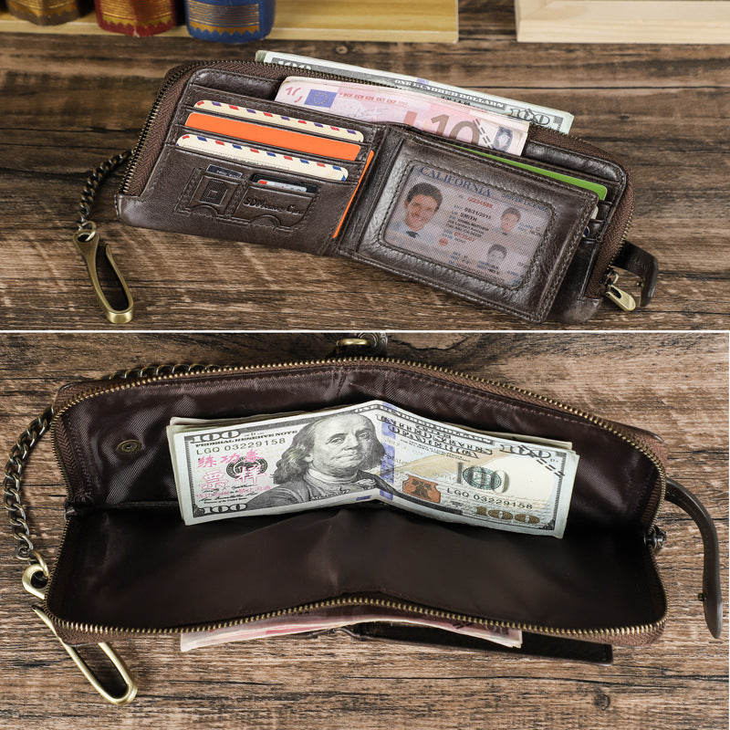 Men's Black Angel First Layer Cowhide Swiping Chain Fashion Hasp Men's Wallet