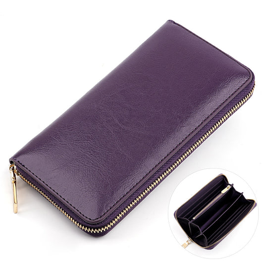 Women's & Men's Oil Wax Cowhide Long Leather Zipper Men's Wallets