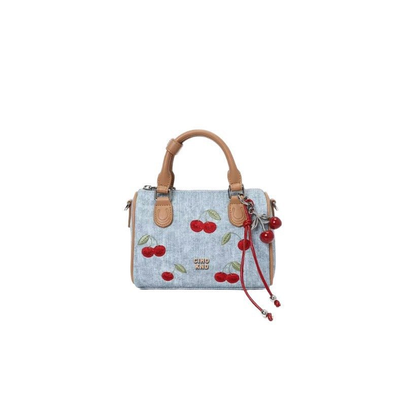 Women's Sweet Cherry Denim Blue Boston Super Hot Handbags