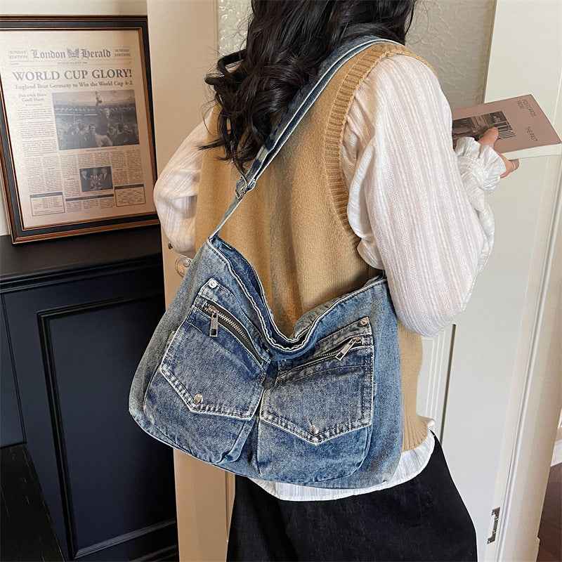 Minority Motorcycle Double Pocket Denim Female Large Tote Bag