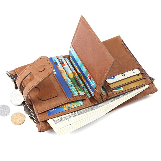 Men's Leather Fashion Double Zipper Multiple Slots Vintage Men's Wallet