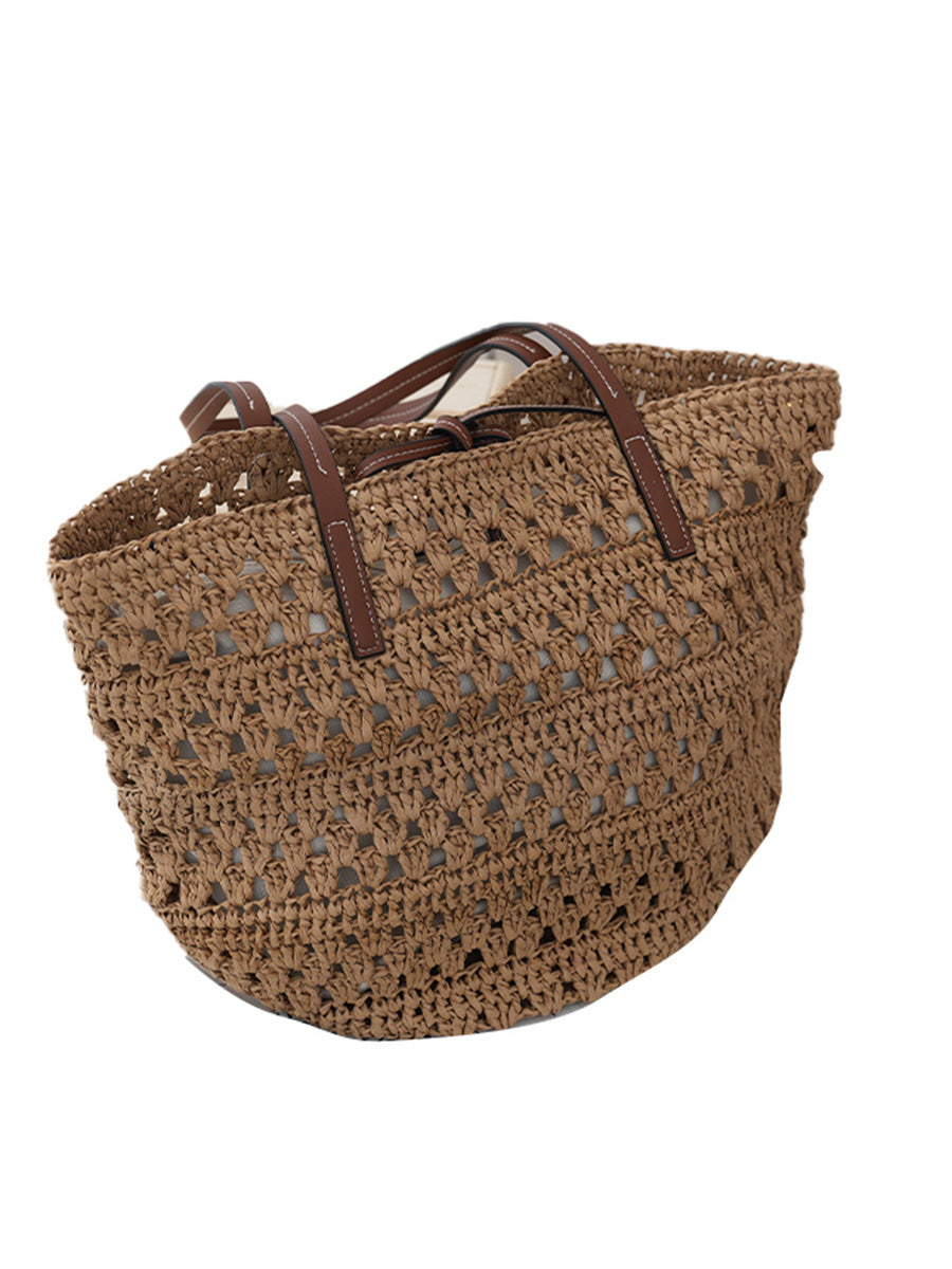 Women's Large Capacity Straw Simple Hollow Woven Vacation Style Women's Handbag