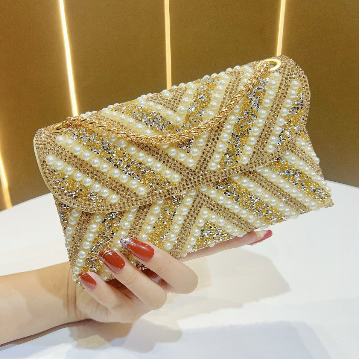 Style Vintage Pearl Rhinestone Banquet Shiny Not Smooth Flip Underarm Dinner Bag