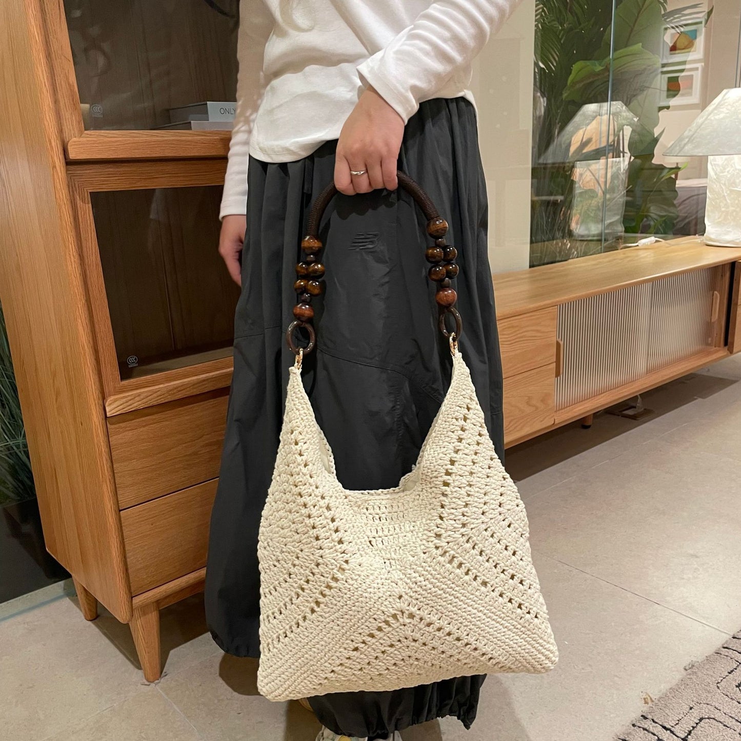 Korean Ethnic Handmade Design Sense Wooden Posts Underarm Vacation Seaside Bags