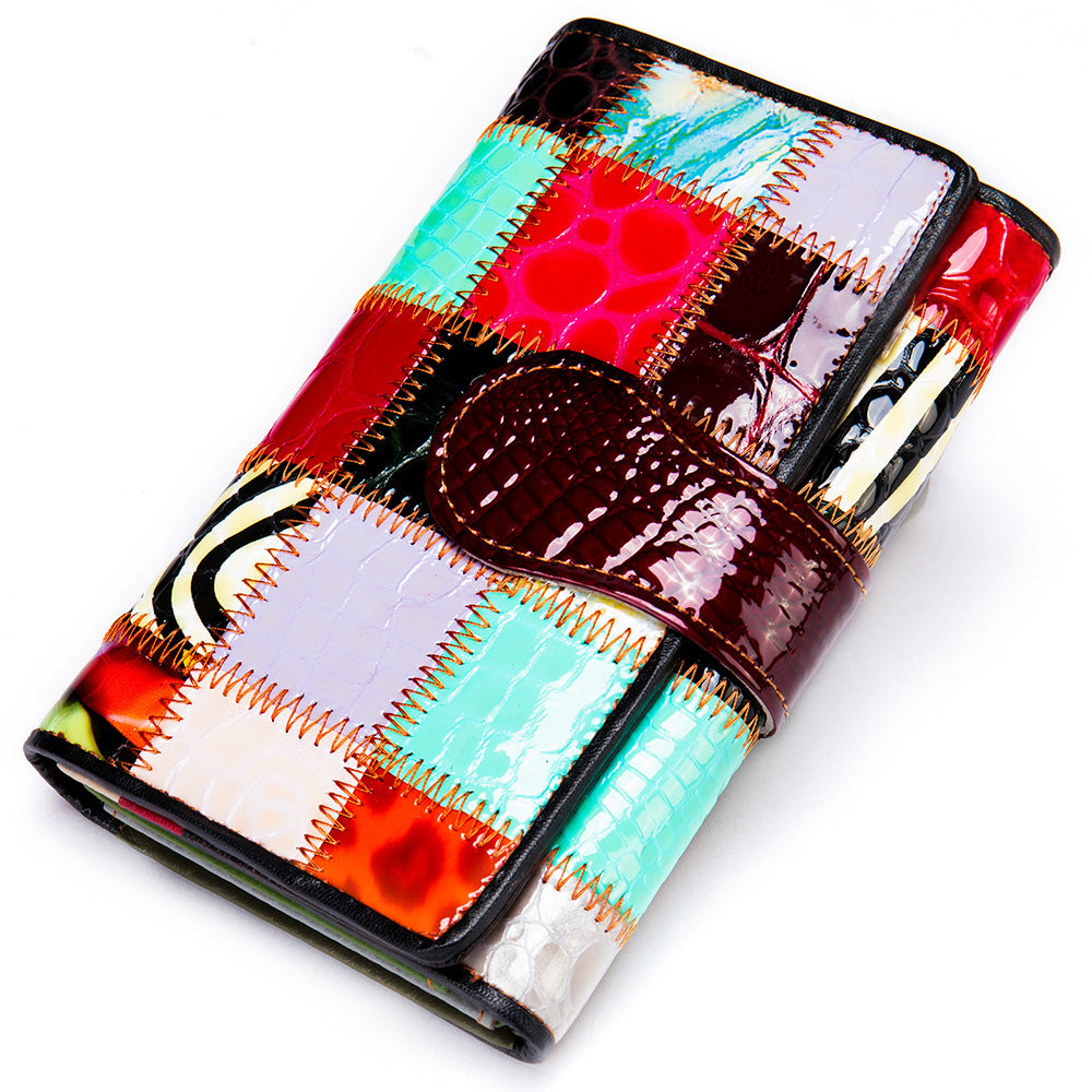 Women's First Layer Cowhide Colored Mosaic Rhombus Ladies Wallet