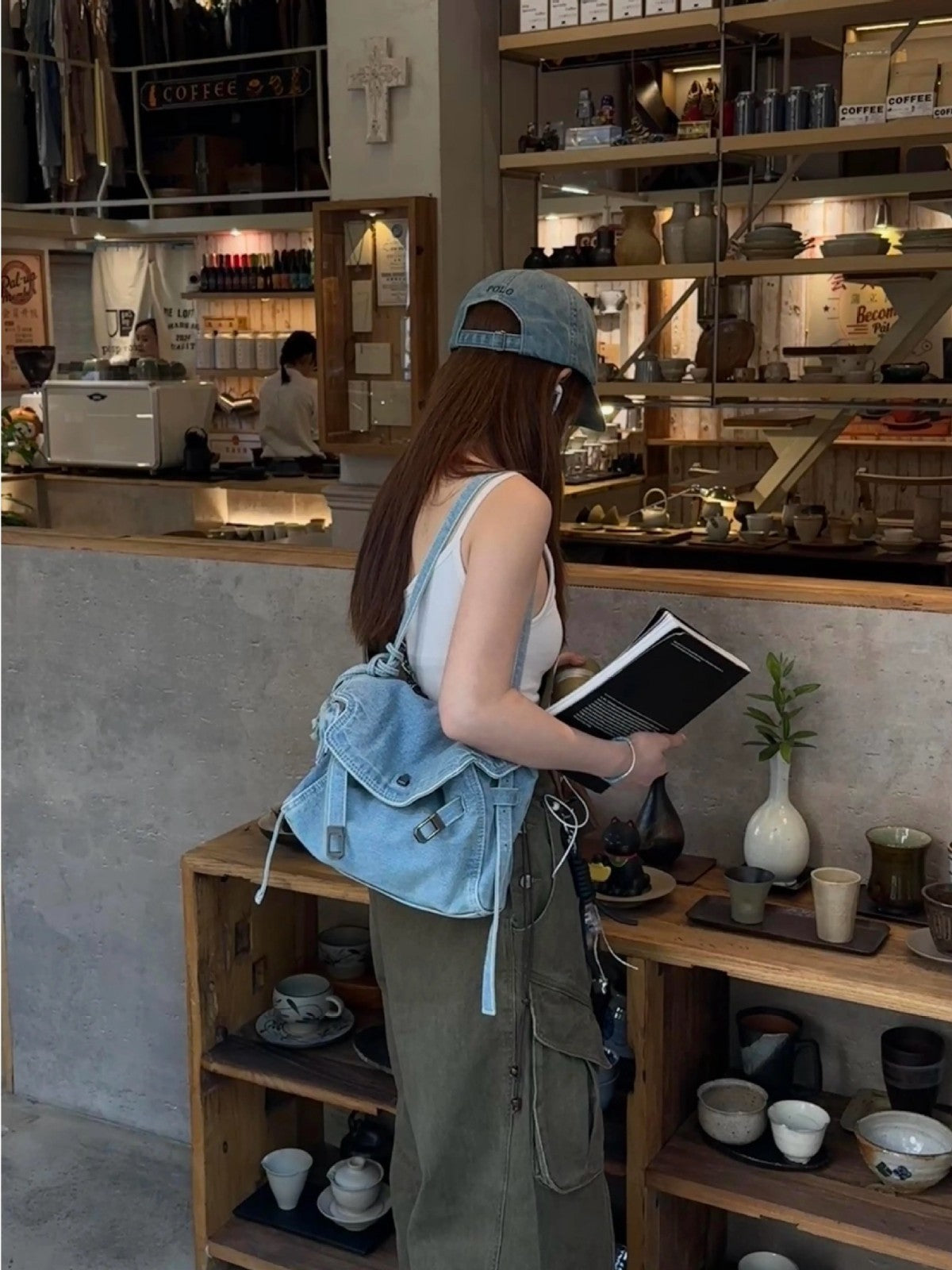 Women's Washed Denim Retro Commuter Flap Tote Bag