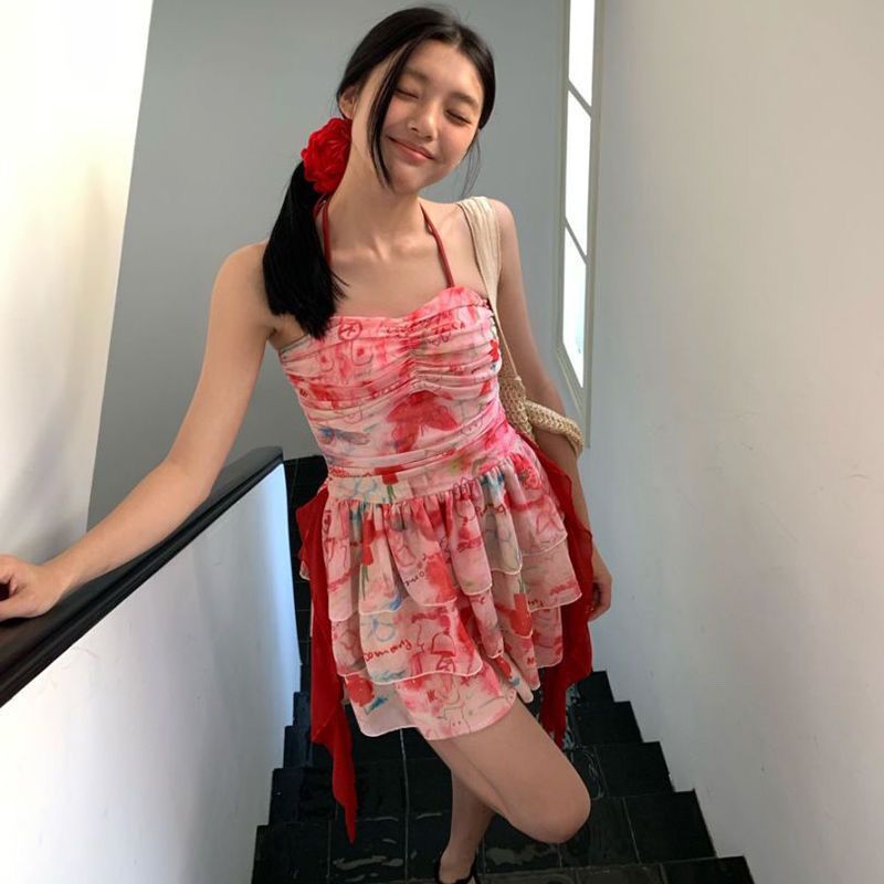 Vacation Blouse Swimsuit Red Printed Dress Slimming Slim Ladies Wallet