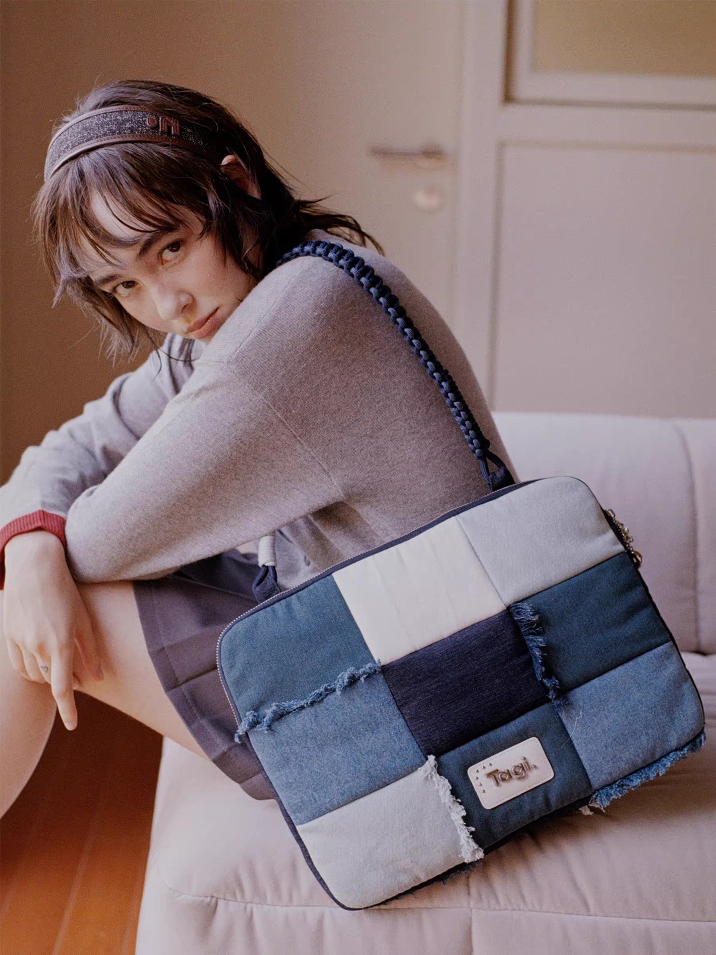 Imagine Denim Tassel Patchwork Woven Portable Laptop Bag