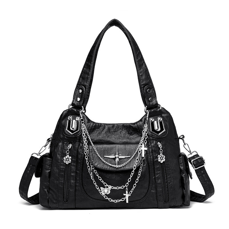 Women's Retro Distressed Chain Motorcycle Personalized Fashion Hot Large Capacity Tote Bags