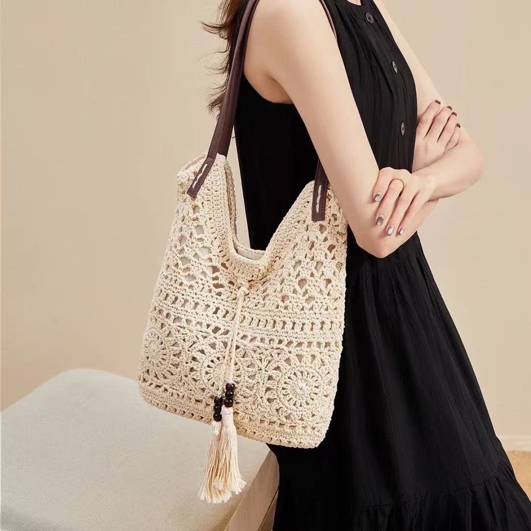 Women's Fashion Large Capacity Cotton Thread Woven Bags