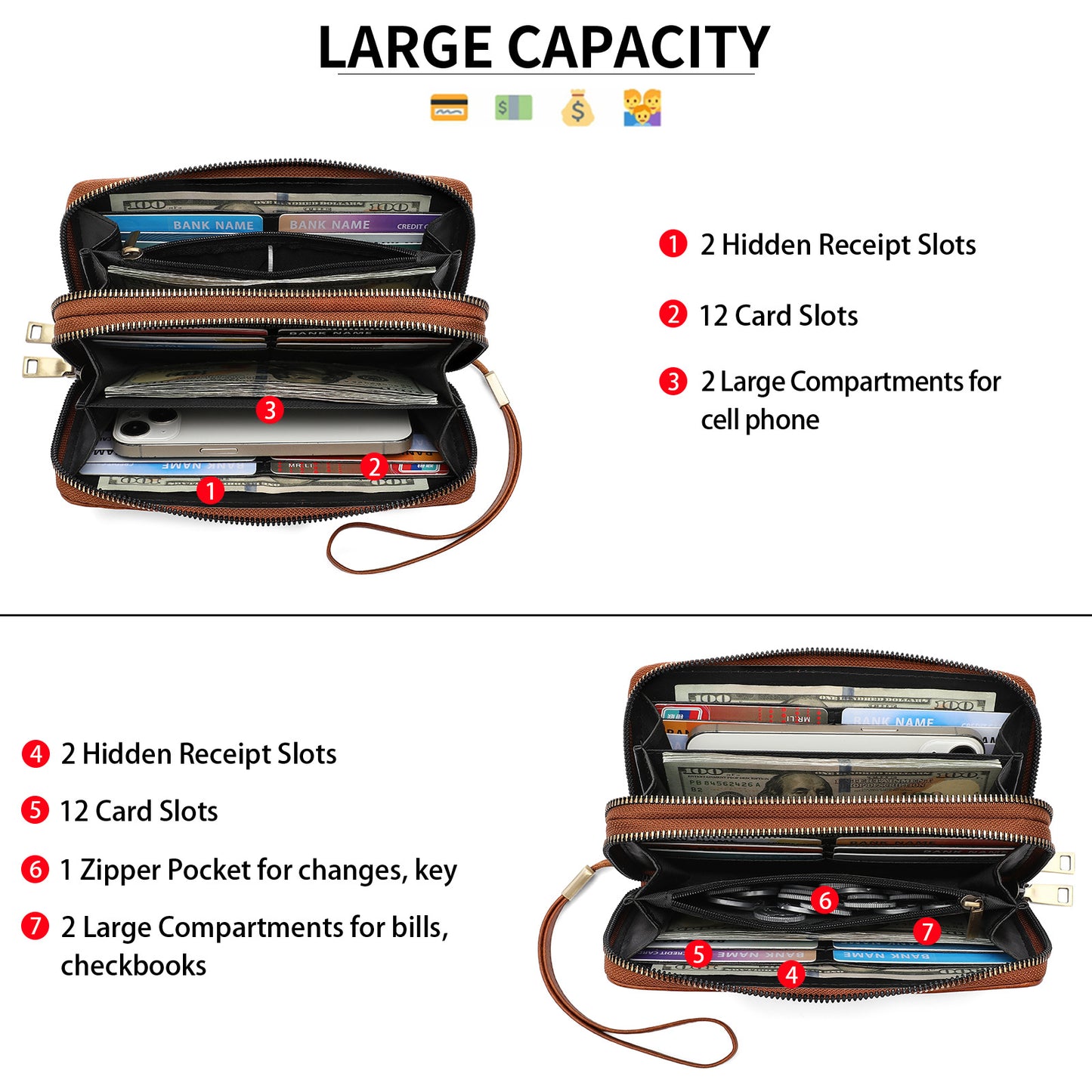 Women's Retro Leather Clutch Double Zipper Long Ladies Wallet