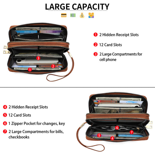 Women's Retro Leather Clutch Double Zipper Long Ladies Wallet