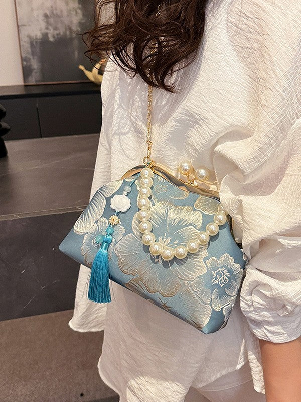 Women's Embroidered Flower Dinner Pearl Tassel Chain Small Square Bag