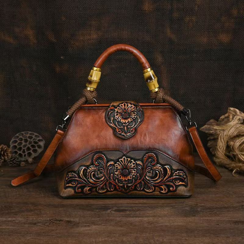Embossed Texture Soft Leather Carved National Style Women's Handbag