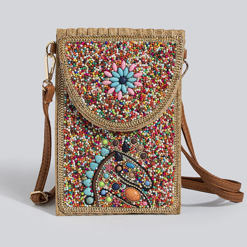 Women's Style Bead Turquoise Pattern Straw Woven Shoulder Bags