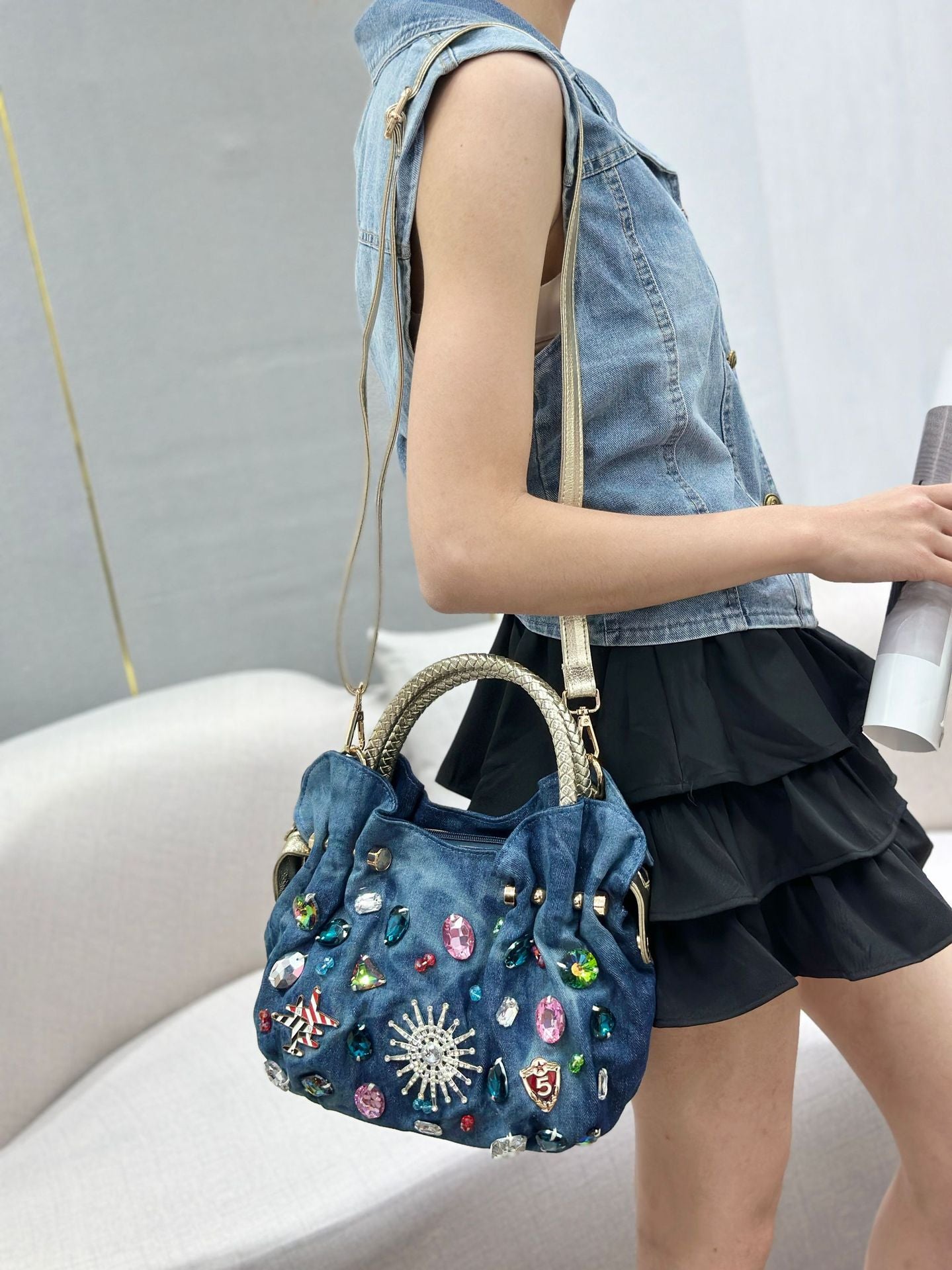 Women's Style Rhinestone Fashion Jean Diamond Dumpling Women's Handbag