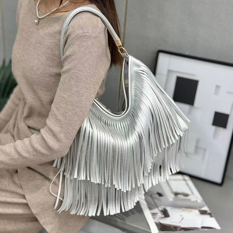 Fashion Personality Tassel Large Capacity Summer Bright Sier Gold Trendy Bags