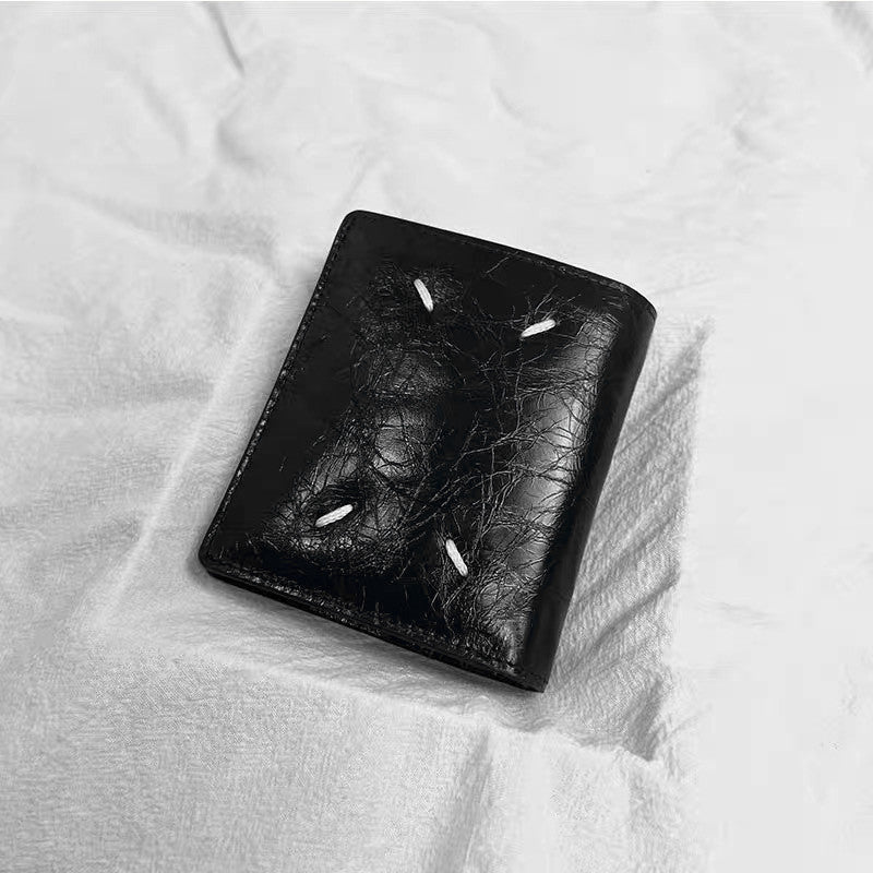 Women's & Men's Cowhide Fold Black Oil Wax Stitching Ladies Wallet