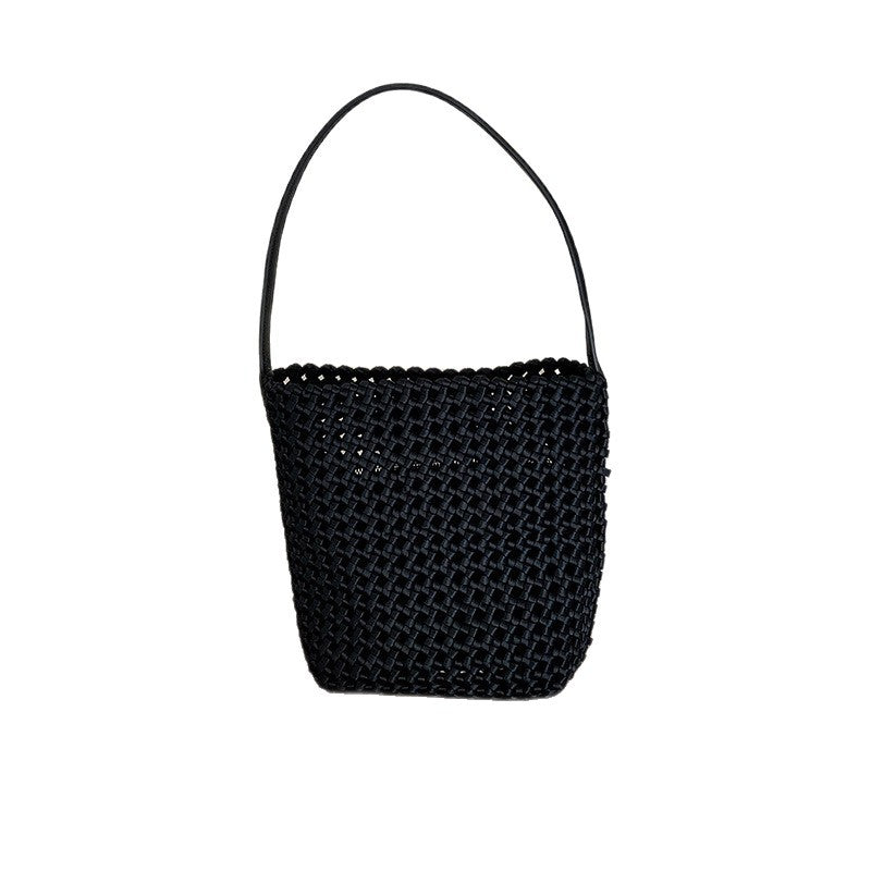 Women's Satin Straw Plaid Woven Portable Fishing Net Bags