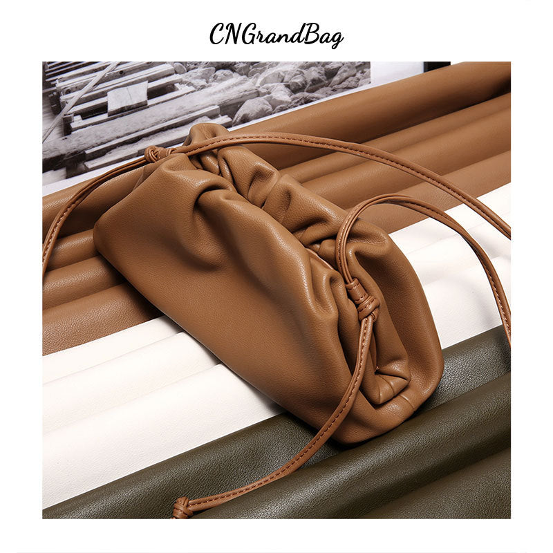 Women's Color Soft Cowhide Pleated Dumpling Fashion Trendy Clutch Dinner Cloud Women's Messenger Bag