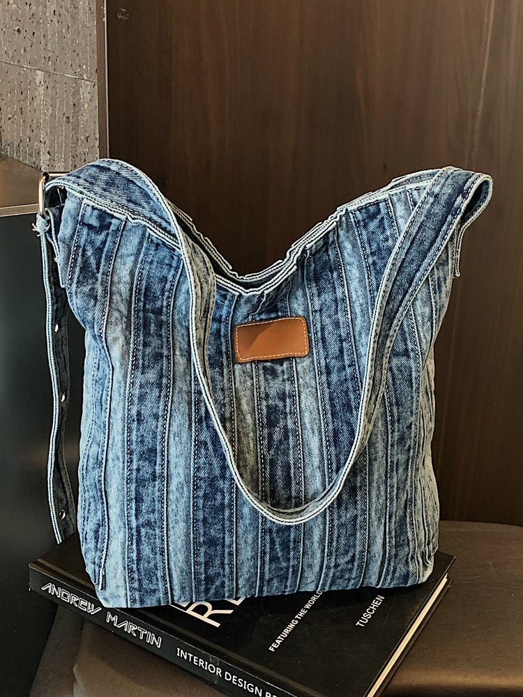 Women's Loose Feeling Large Capacity Denim Commuter College Go Tote Bag