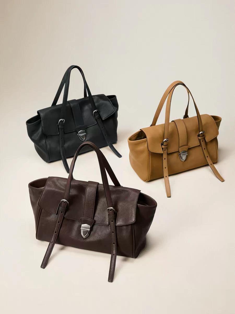 Women's Tanned Sheepskin French Stick Portable Leather Large Capacity Tote Bag