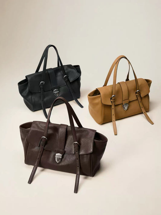 Women's Tanned Sheepskin French Stick Portable Leather Large Capacity Tote Bag