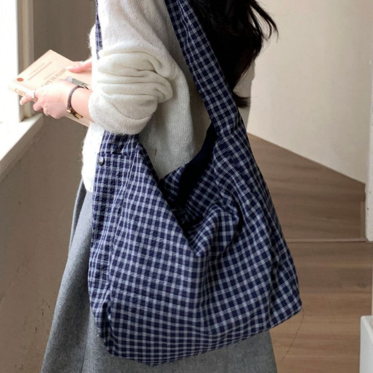 Women's Cotton Linen Plaid Lazy Relaxed Feeling Lightweight Women's Shoulder Bag