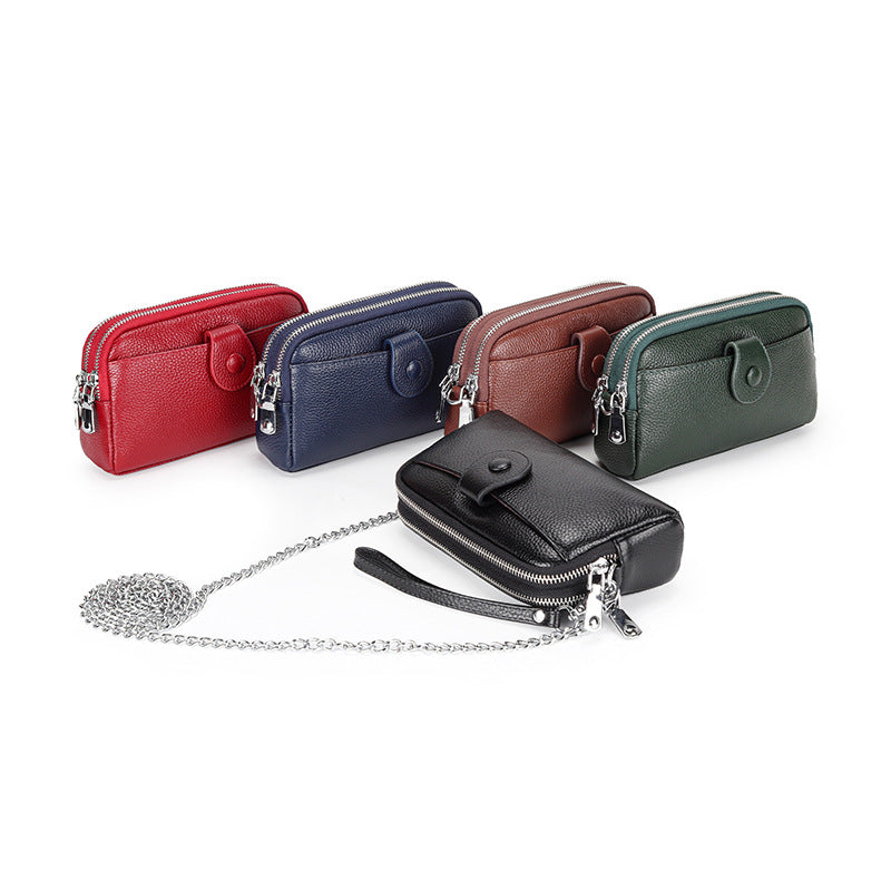 Women's Genuine Leather Chain Layer Cowhide Double Zipper Women's Clutch