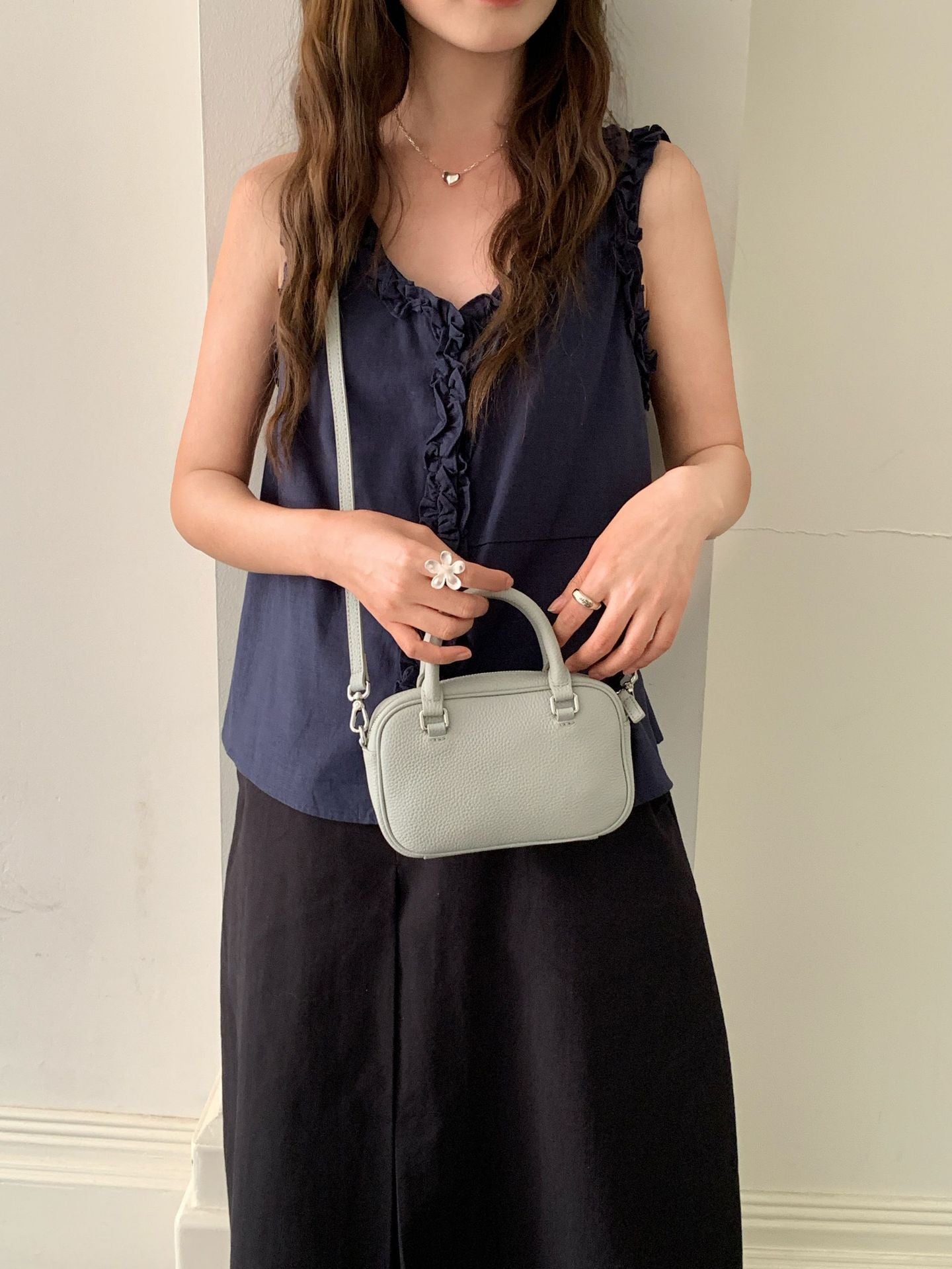 Women's First Layer Cowhide Boston Bowling Exquisite Small Square Bag