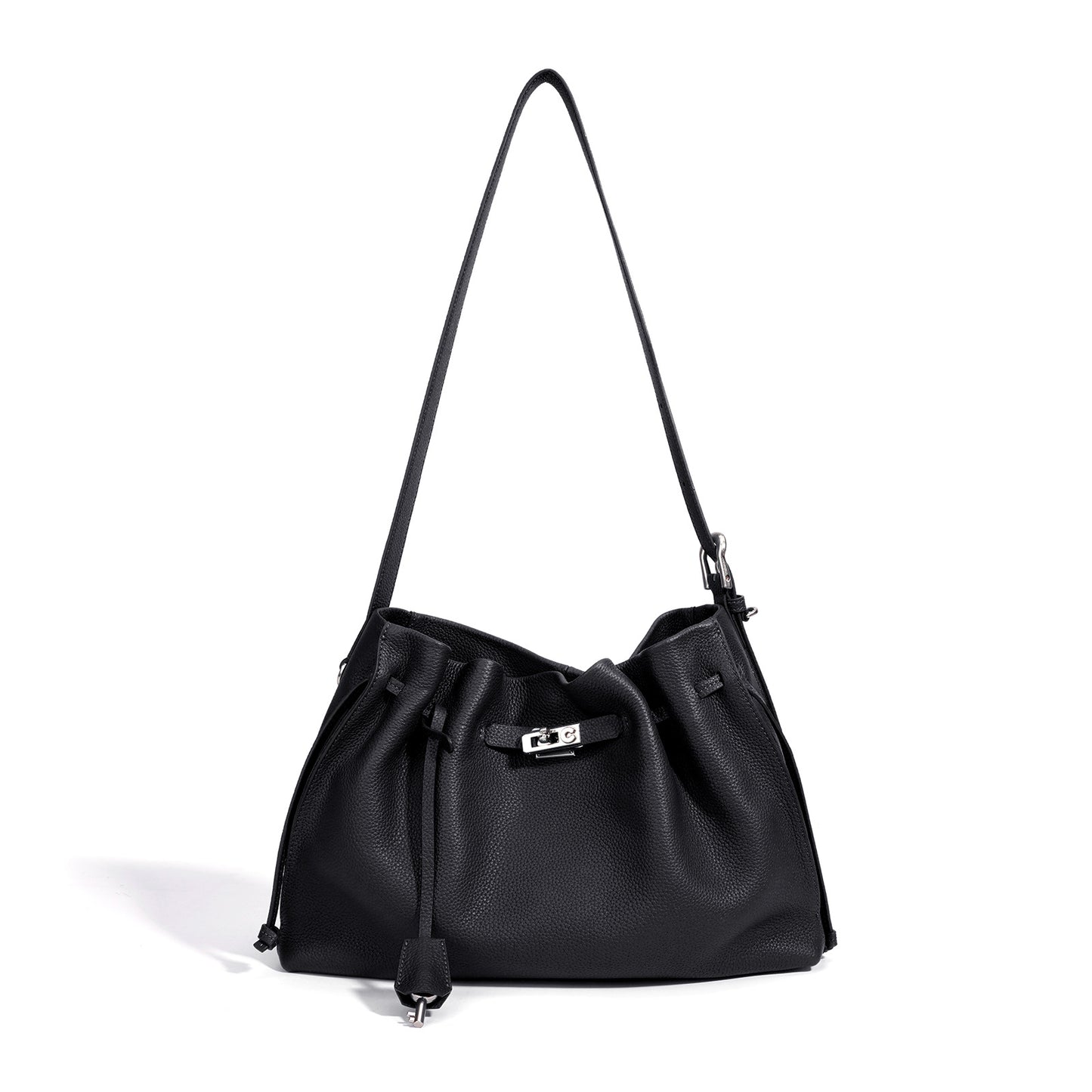 Kelly Leather Commute Minimalist Versatile Pleated Drawstring Women's Shoulder Bag