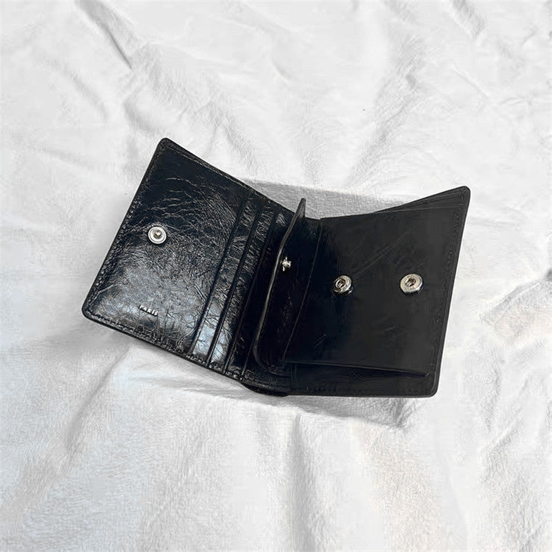 Women's & Men's Cowhide Fold Black Oil Wax Stitching Ladies Wallet