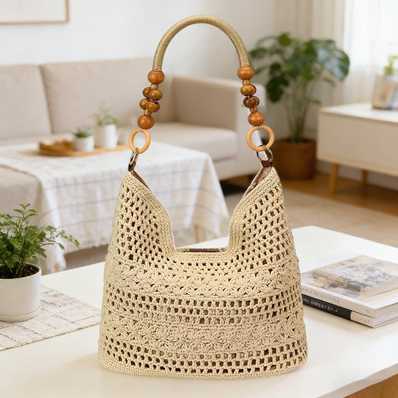 Hollow Crochet Woven Wooden Bead Portable Vacation Women's Messenger Bag