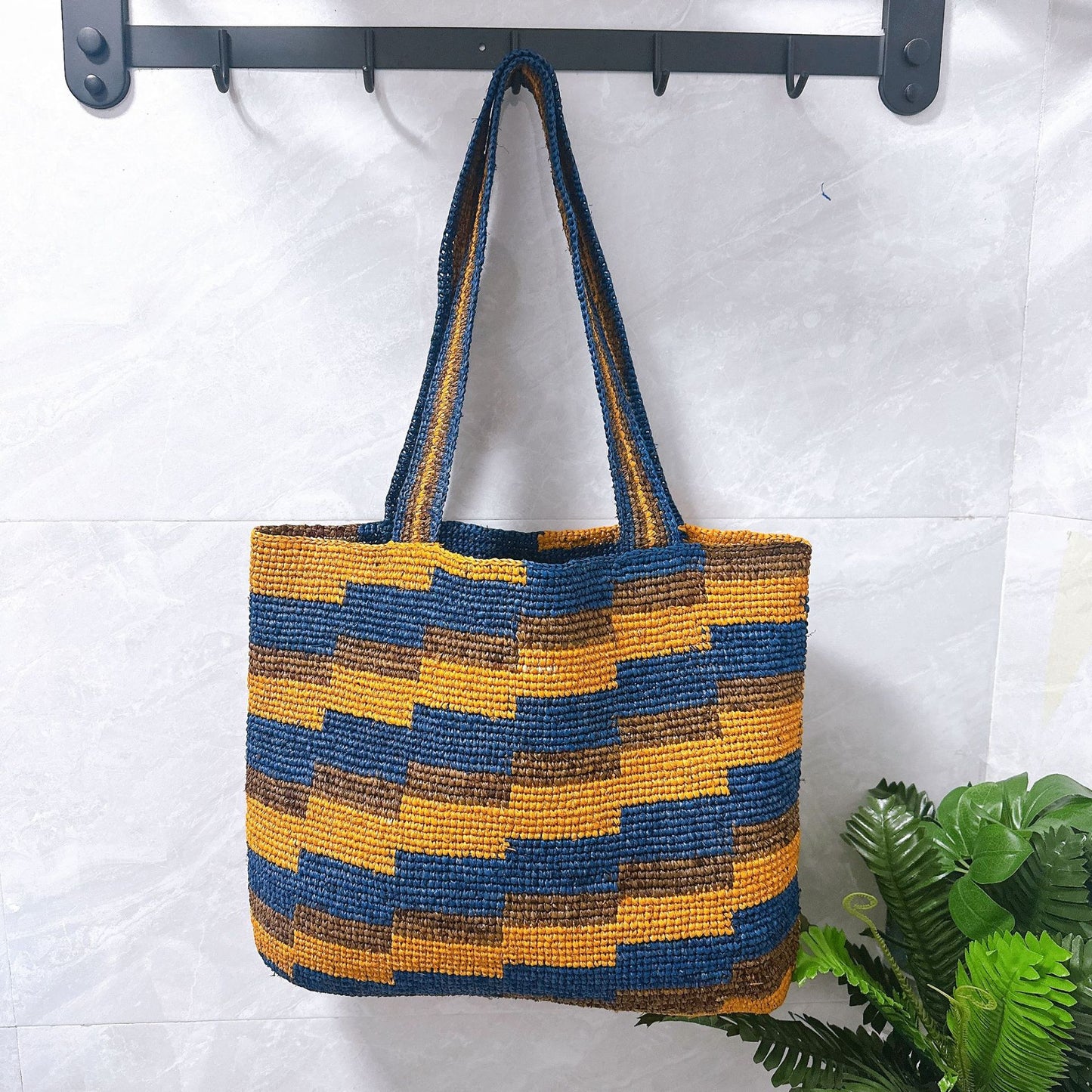 Women's Raffia Striped Color Matching Woven Commuter Hand Crocheting Bags