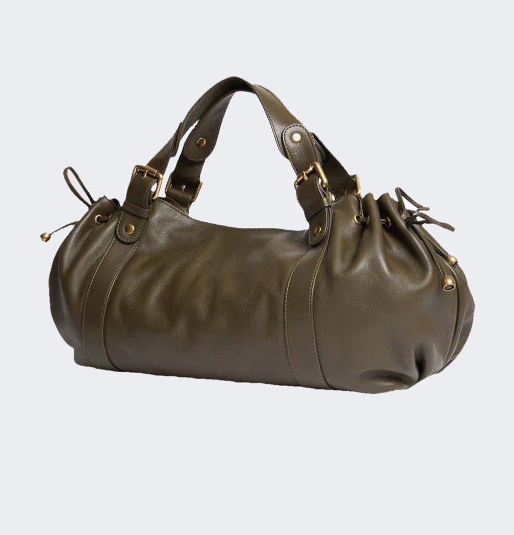 Retro Black Large Capacity Soft Leather Commuter Pleated Drawstring Women's Handbag