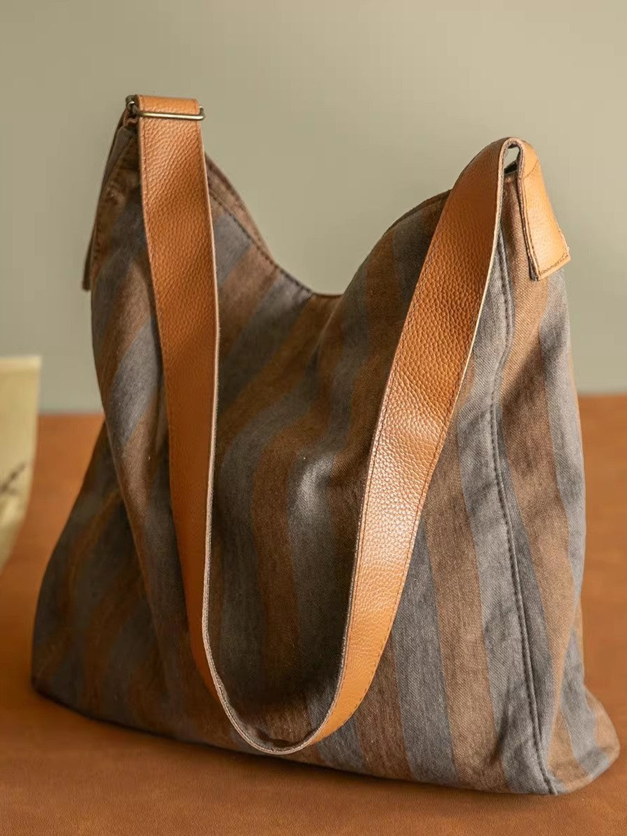 Fried Color Striped Canvas Soft Leather Adjustable Bags