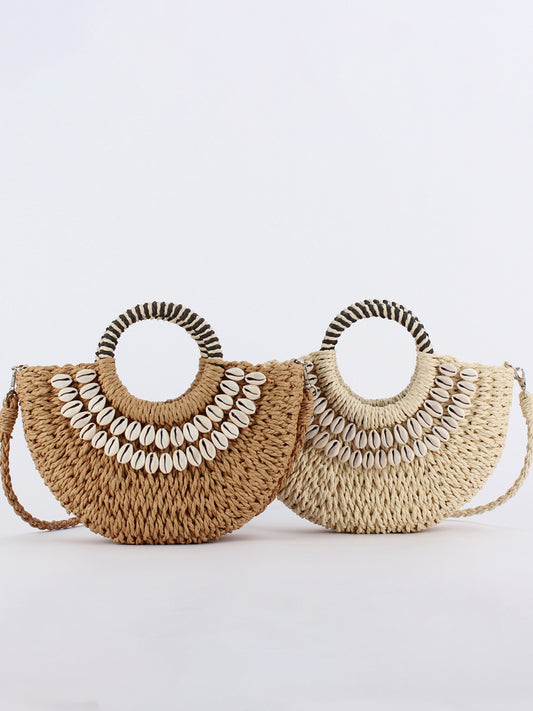 Women's Style Semicircle Hand Carrying Straw Sewing Natural Women's Messenger Bag
